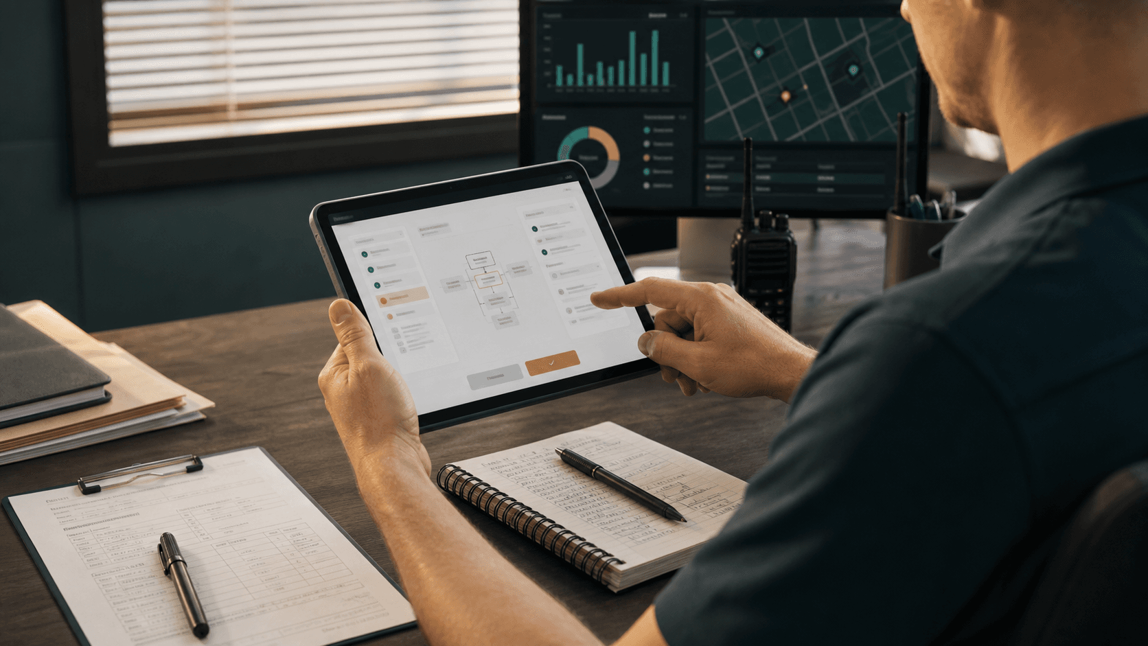 Operator reviewing a generic AI workflow on a tablet before approving an action.