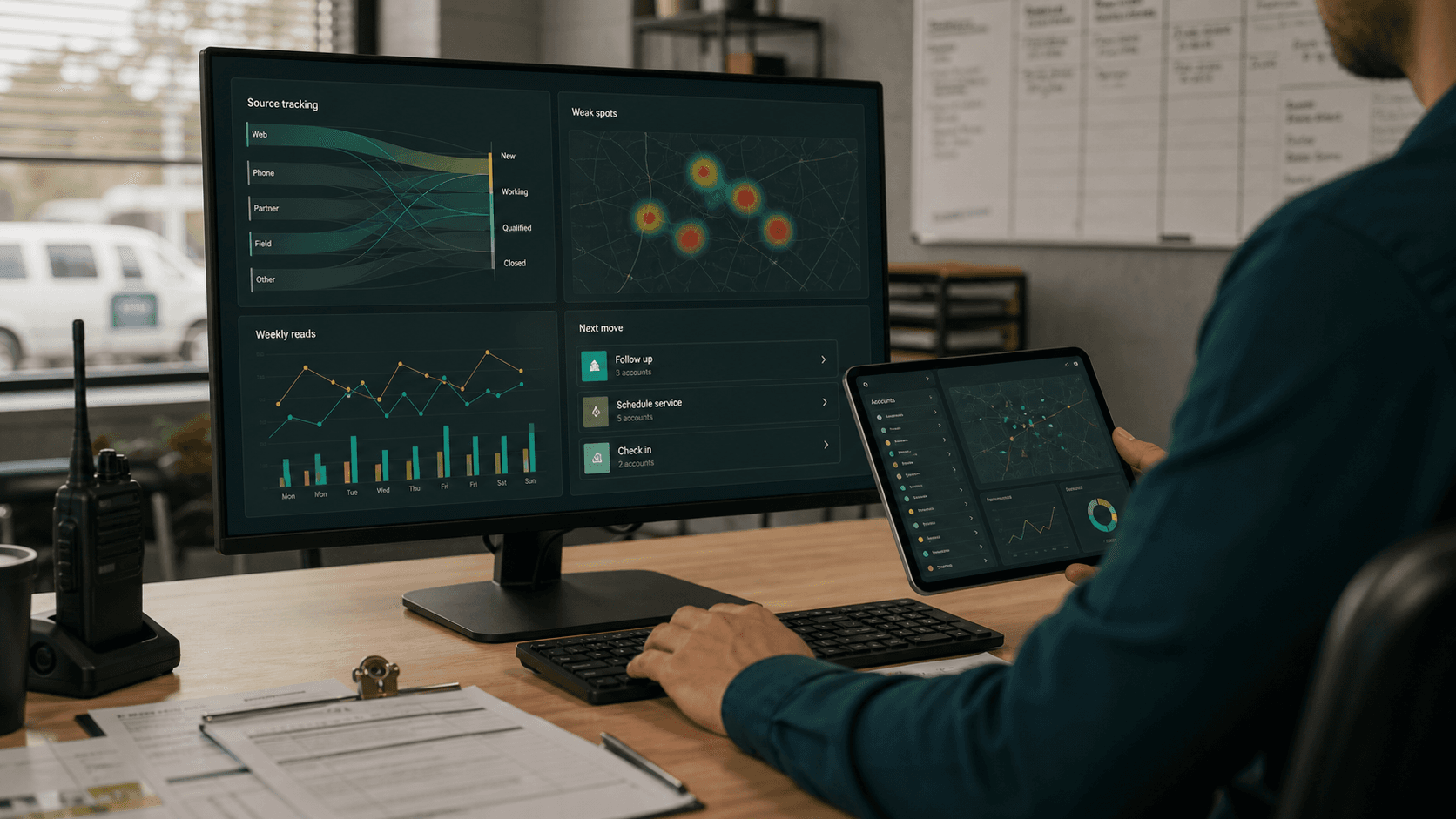 Operations desk with generic analytics dashboards for source tracking and next moves.