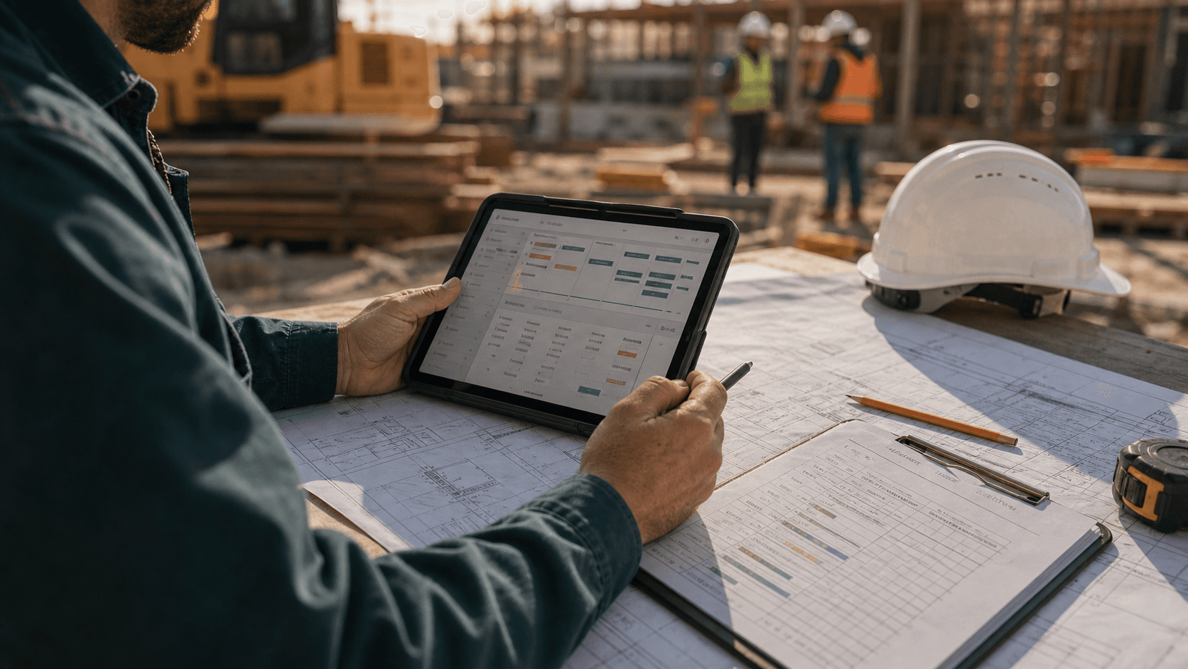 Construction operator reviewing a tablet over blueprints and job status paperwork.