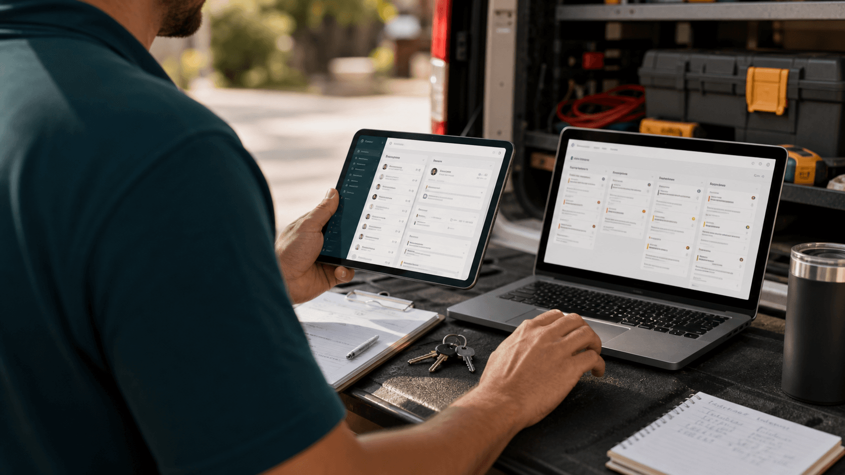 Unbranded operator using a laptop and tablet to review generic CRM records from a truck workspace.