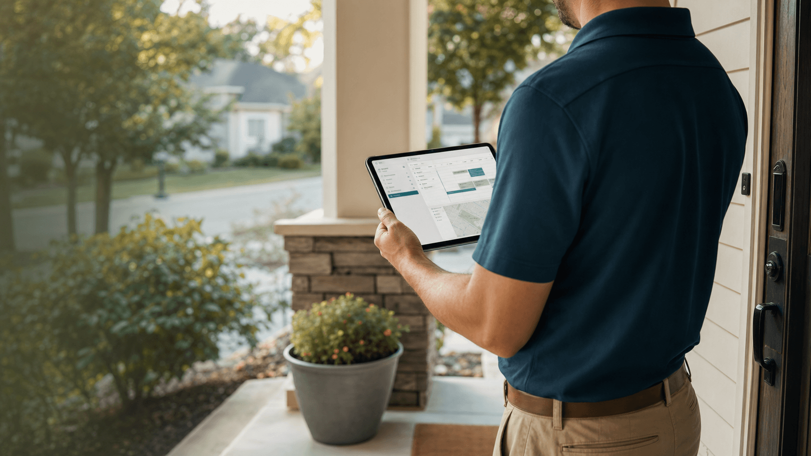 Unbranded field-service operator reviewing a tablet at a residential doorway.