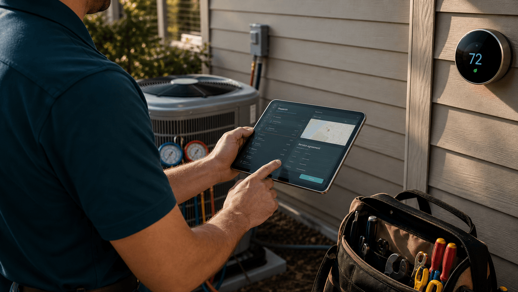 Unbranded HVAC technician using a tablet beside an outdoor condenser and thermostat.