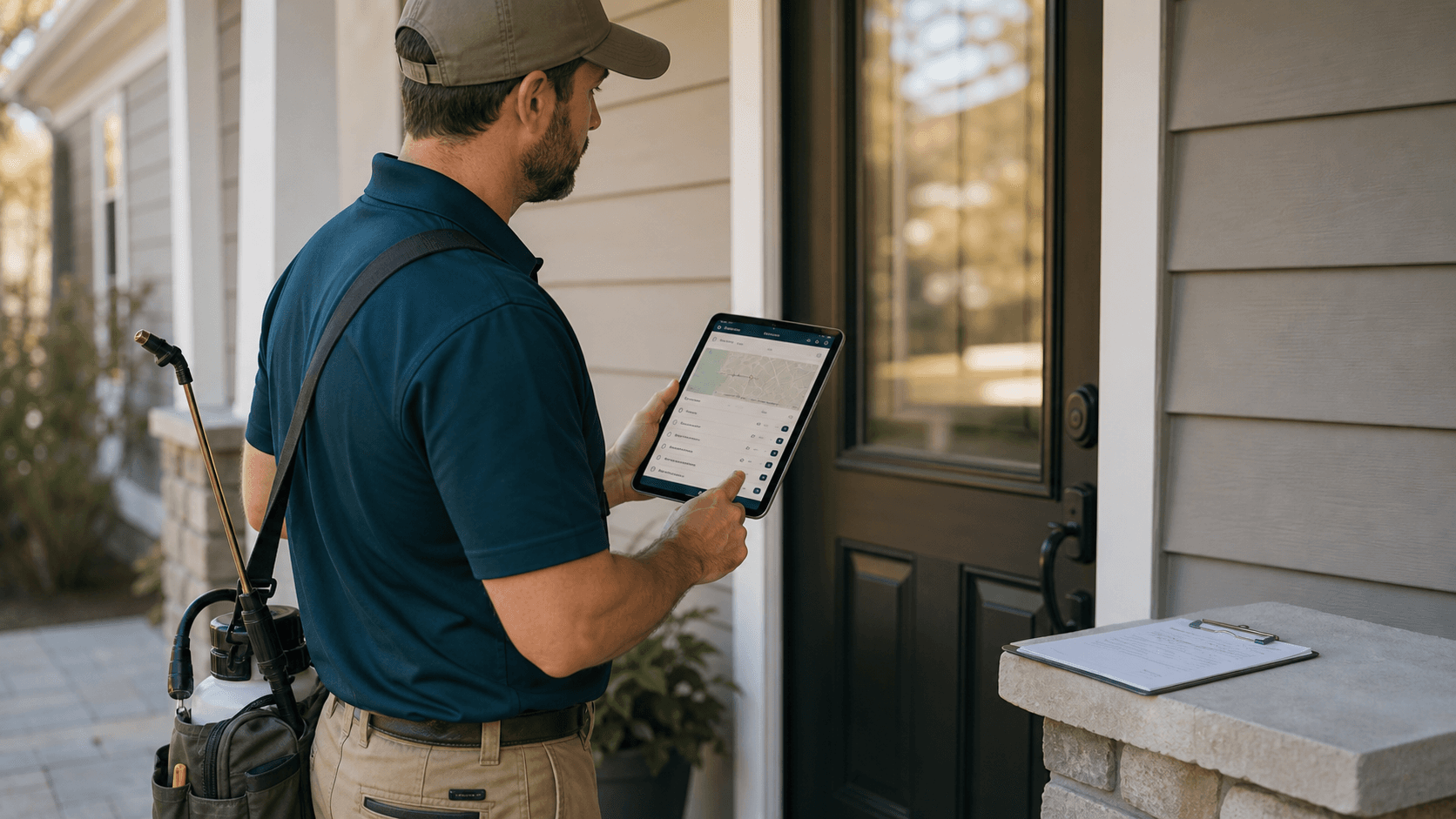 Unbranded pest-control technician reviewing route notes on a tablet at a residential doorway.
