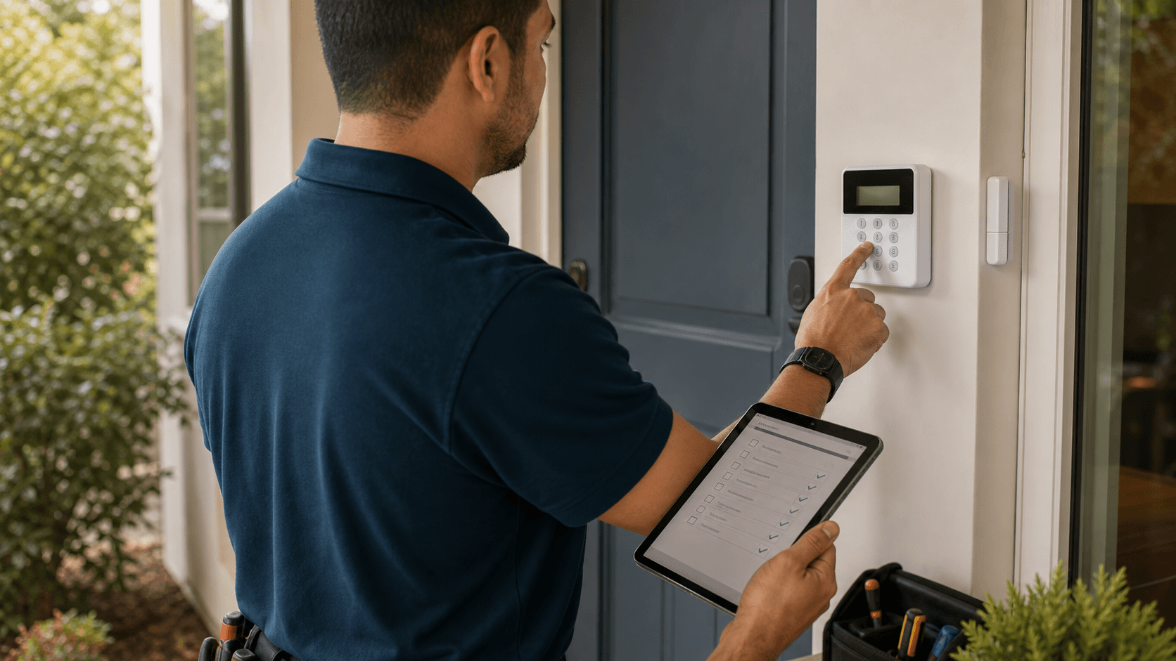 Unbranded security installer configuring a keypad while holding a tablet checklist.