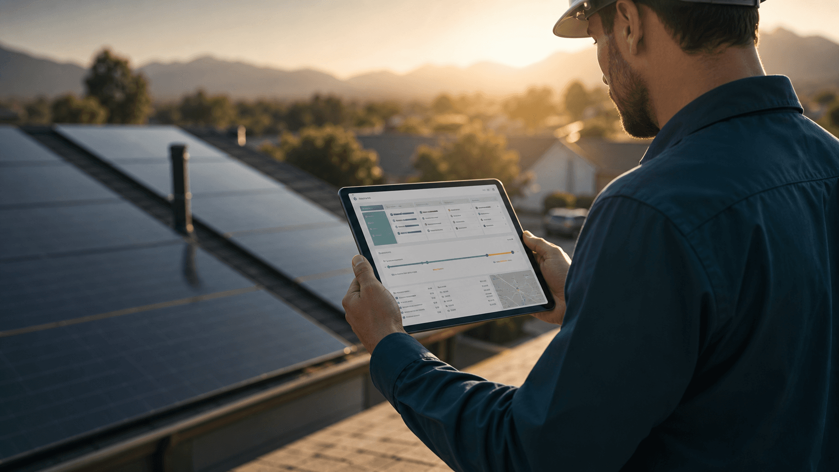 Unbranded solar operator reviewing a tablet near residential solar panels at sunset.