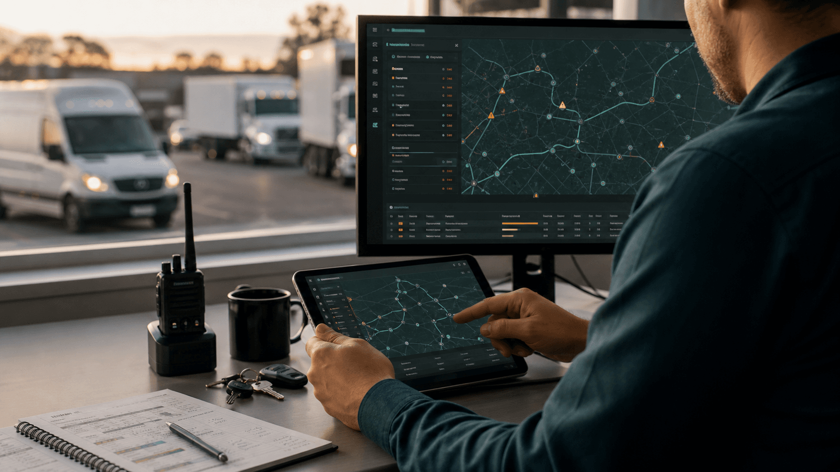 Transportation dispatcher reviewing generic route maps and exception markers on screens.