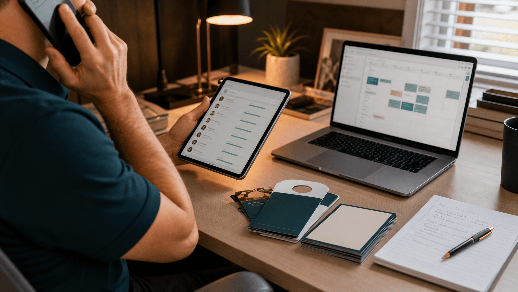 Unbranded operator coordinating field-service systems from a desk with tablet and laptop.
